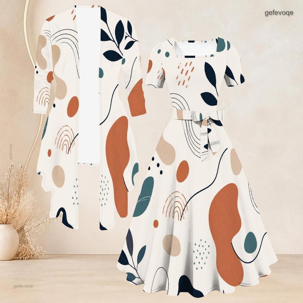 Women Plus Size Two Piece Set Printed Square Neck Short Sleeve Tie Waist Flared Dress And Long Sleeve Cardigan