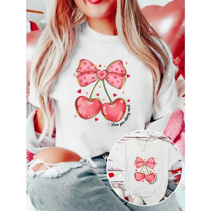 Valentine's Day Gift: Women's Elegant Short-Sleeve Cherry Bow Print Round Neck T-Shirt. Suitable for Spring, Summer, and Autumn. A Versatile,