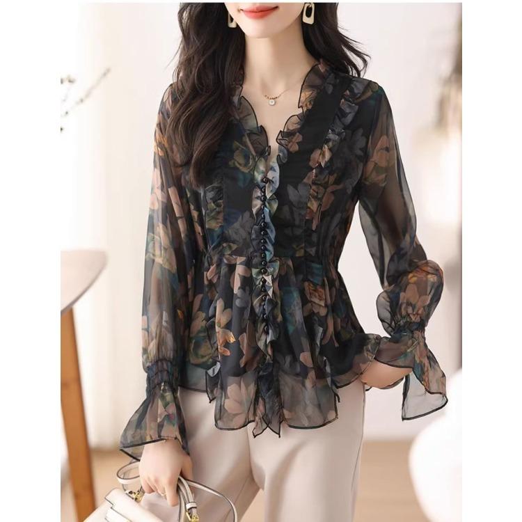 Trendy podzimní šifonová halenka: Dámská módní květovaná šifonová košile, elegantní top s dlouhým rukávem na jaro a podzim