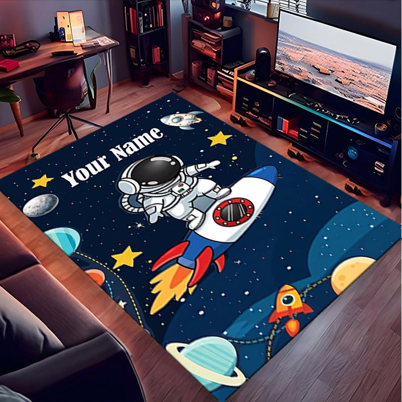1PC Custom Name Astronaut Rocket Space Theme Floor Mat Ideal for Living Room, Game Rooms, Office, Bedroom,Floor Mat Playful Design