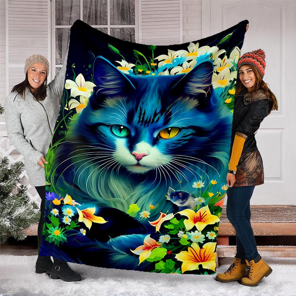 1pc Blue Cat Flowers Print Outdoor Blanket, Lightweight Polyester,