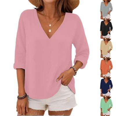 Women's Casual 3/4 Sleeve V-Neck Gradient Color Printed Cotton And Linen Top