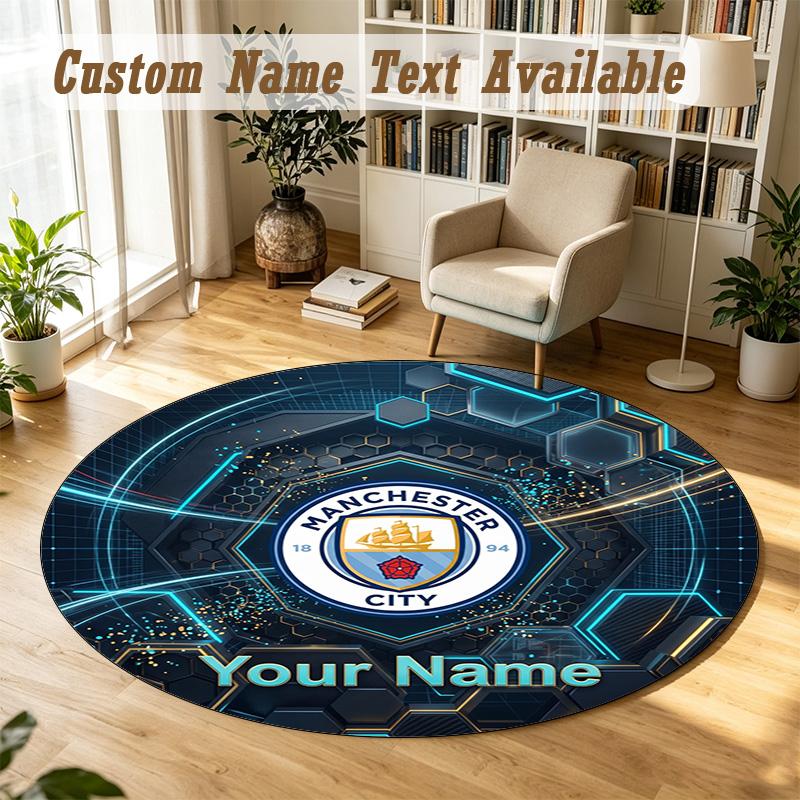 Round Rug Custom NameManchester City Pattern Non Slip Carpet Home Floor Decor