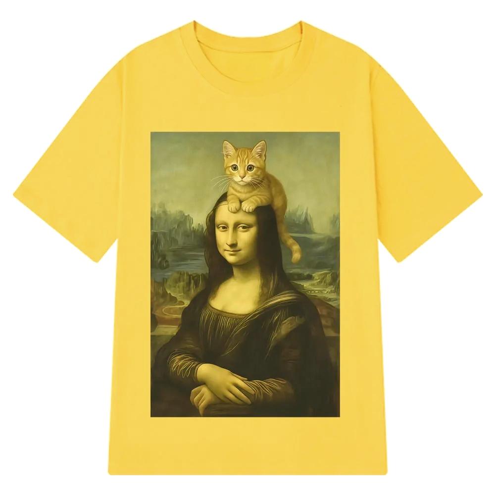 Cat Ahd Mona Lisa with Cat Funny Meme Print T Shirt Women Shortsleeved Harajuku Casual Tshirts Streetwear Tees Casual Clothes