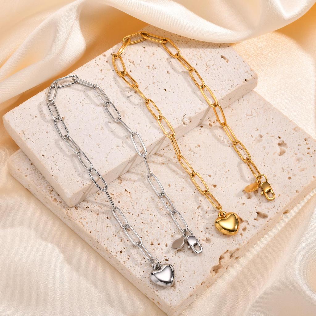 Classic Chain Stainless Steel Bracelets Trendy Cuban Rectangular Chain Heart-shaped Charm Bracelet Trendy Women's Gift Jewelry