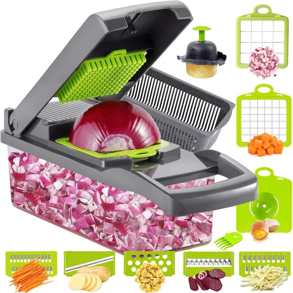16-in-1 Chopper and Slicer—Vegetable Dicer, Mandoline Slicer, Spiralizer, Equipped with 8 Stainless Steel Blades, Includes Food Storage Container Less