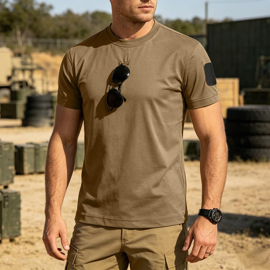 Men's Tactical Outdoor Quick-Dry T-Shirt Crew Neck Loose Fit Breathable Short Sleeve with Hook and Loop Patch Area for Customization