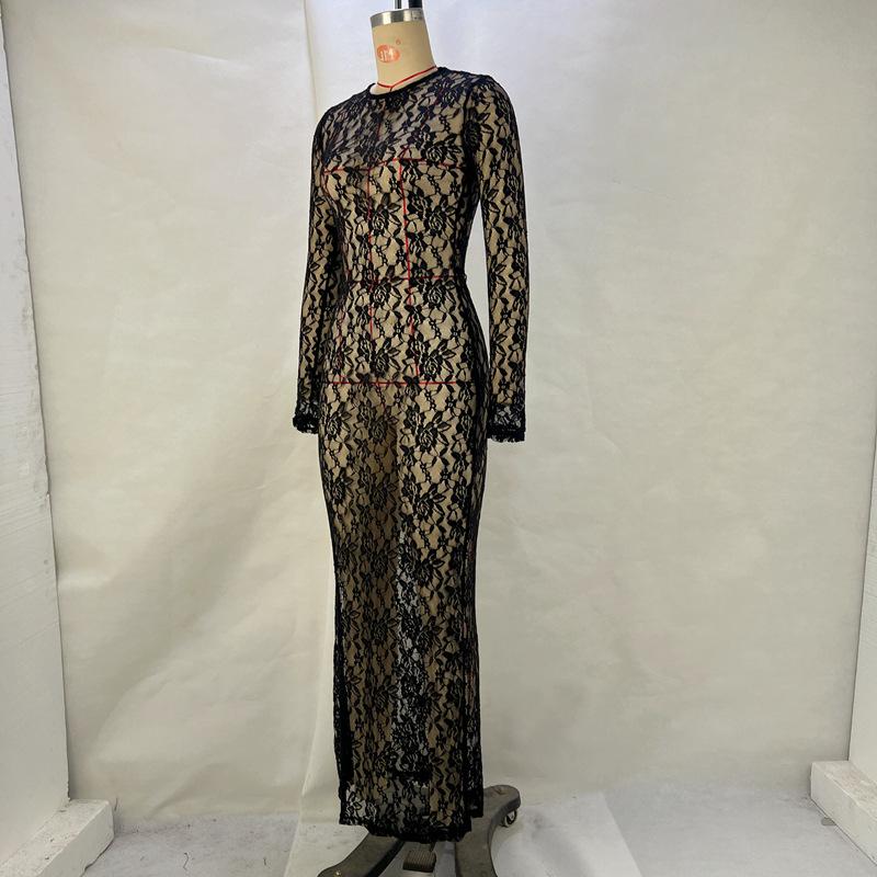 Women Sexy Slim Solid Color Lace Deep V Hollow Lace Long Sleeve Mop Long Dress