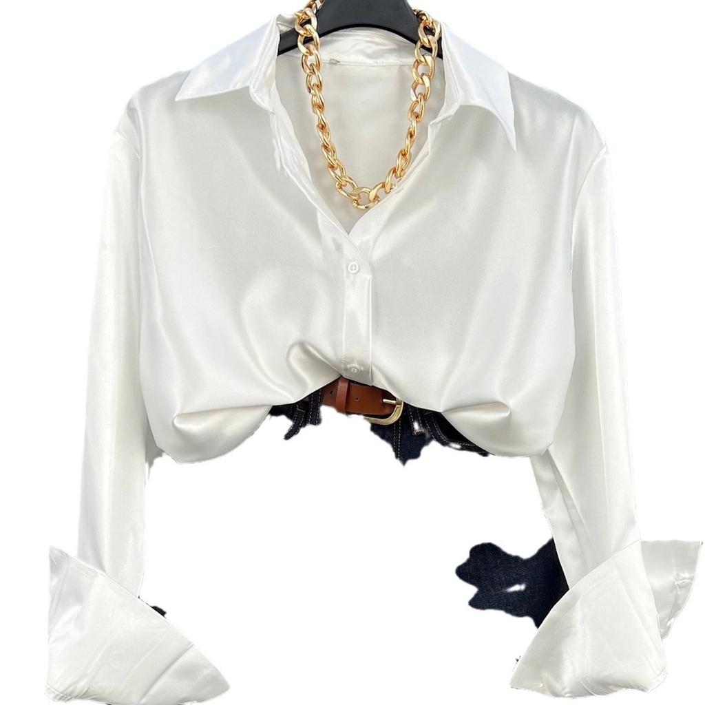 Spring Lapel Satin Single-breasted Long-sleeved Lapel Shirt Sexy Professional Shirt T-shirt Women's Wear