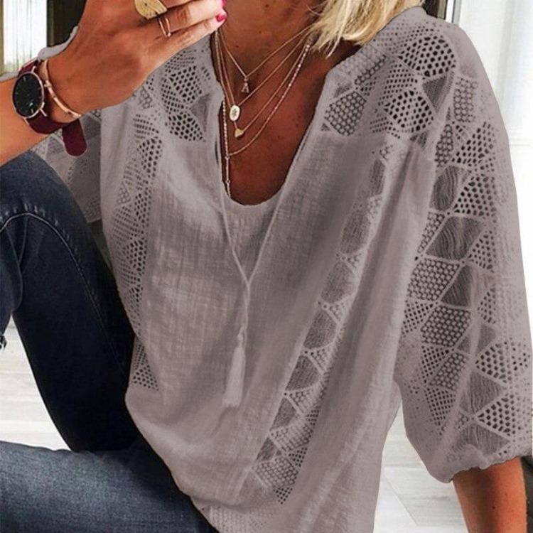 Women Summer Casual Cotton Blouse Loose U Neck White Top Three Quarter Sleeve With Lace Stitching Fashion Shirt
