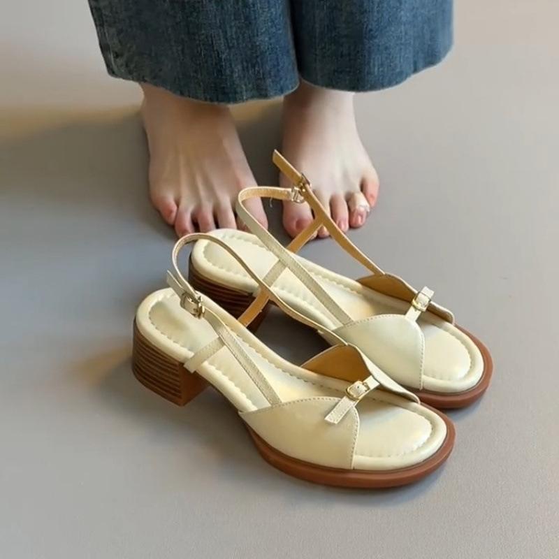 Sheepskin version~ Wear one-pedal sandals for women's one-button leather soft-soled versatile thick-heeled open-toed shoes