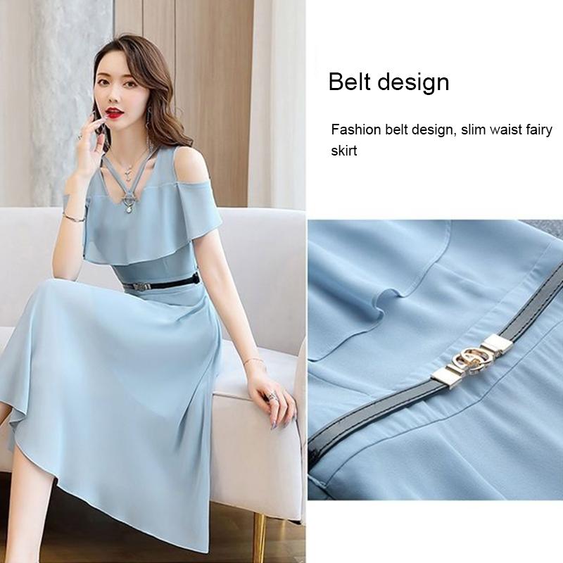 Schulterfreies Chiffonkleid mit Rüschen und Gürtel für den Sommer im koreanischen Stil, schmale, mittellange Taille und dünner, trägerloser Feenrock im Temperament für Damen