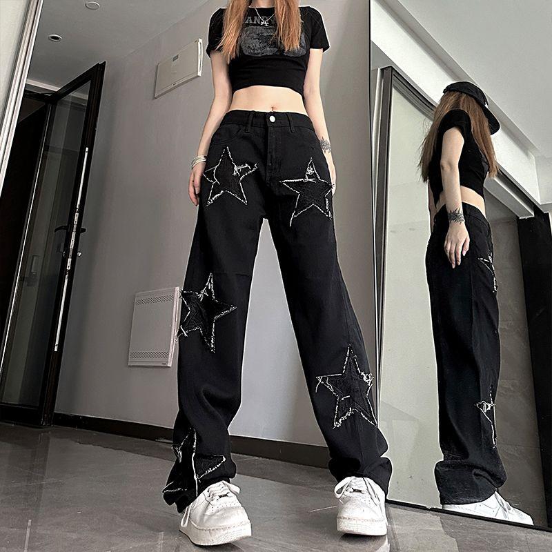 

Джинсы с принтом звезд для женщин - С завышенной талией, стройнящие, свободные, прямые/широкие штанины, универсальные, повседневные брюки M