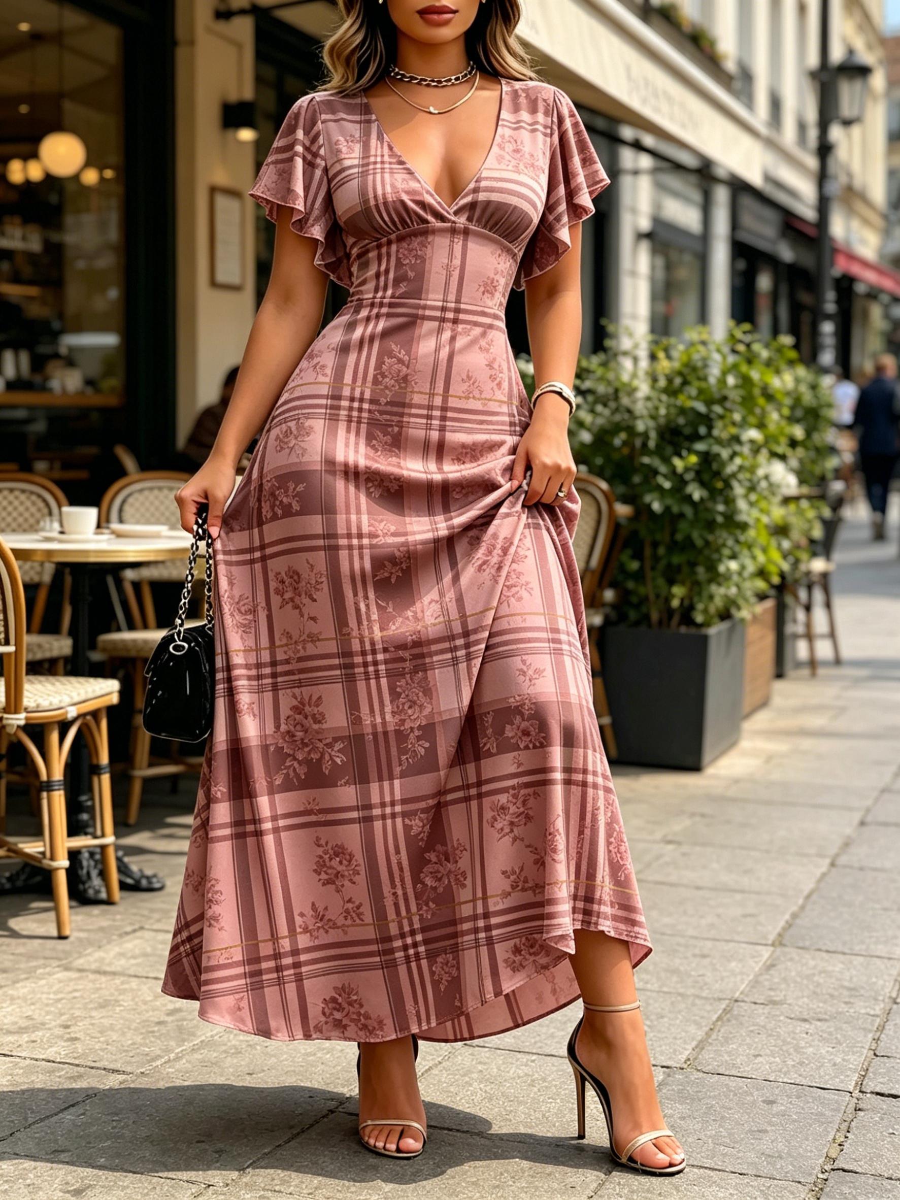 Women Plaid Floral Print Maxi Dress V Neck Flutter Sleeve Summer Casual Party Dress XS