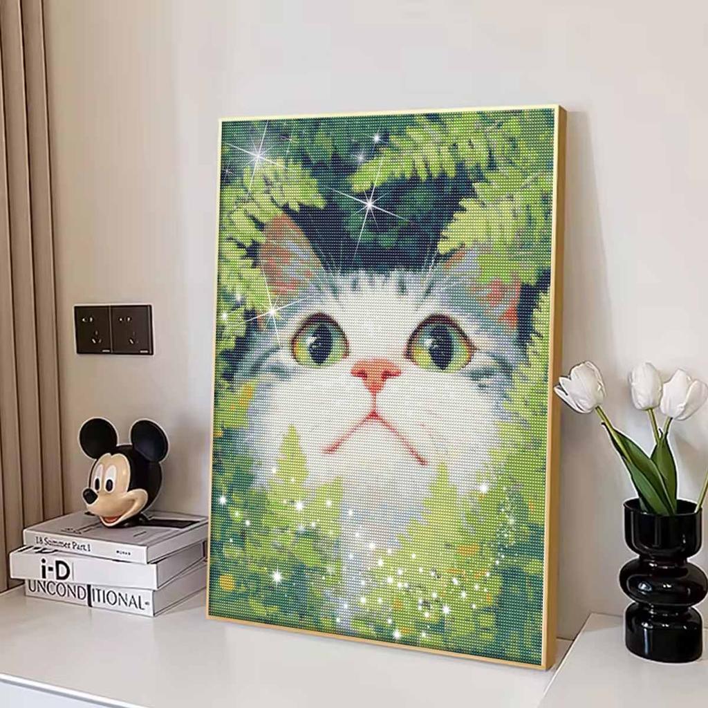 Diamond Painting Kit Cute Cat In Green Forest Full Drill Canvas Art Relaxing Handmade Craft Gift for Women and Adults DIY Home Wall Decor