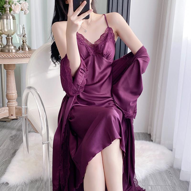 1011 new ice silk suspender nightgown women's casual long-sleeved high-end lace loungewear set