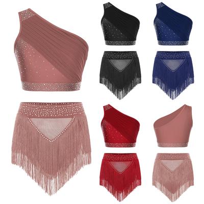 Traje de Danza Moderna para Mujer con Pedrería, Top Corto de un Hombro Fruncido, Pantalones Cortos con Flecos, Traje de Patinaje
