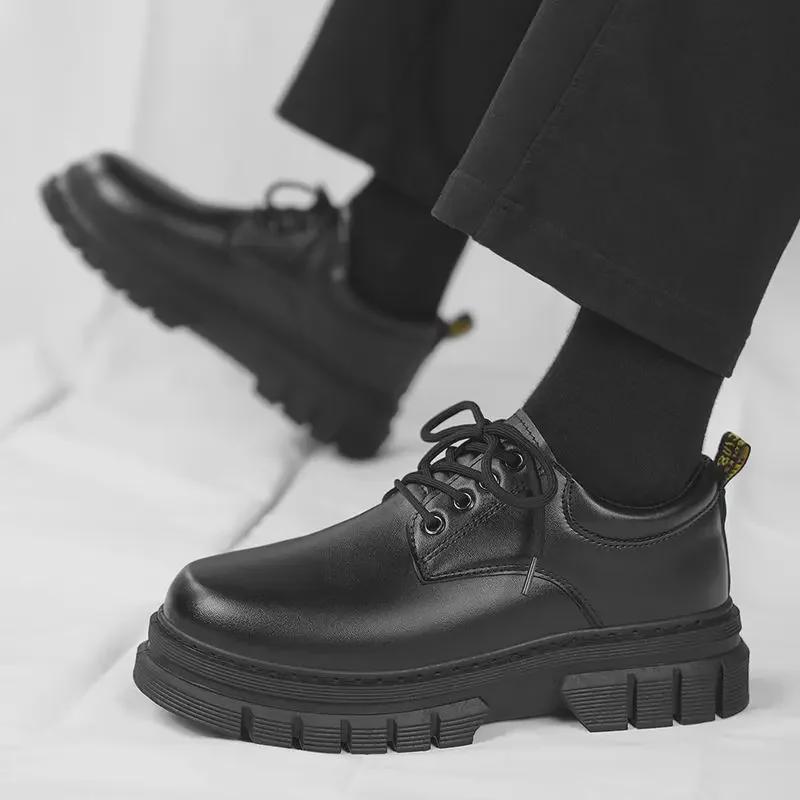 Men's Black Lace-Up Leather Shoes: Casual, Formal, Height-Boosting, Round Toe