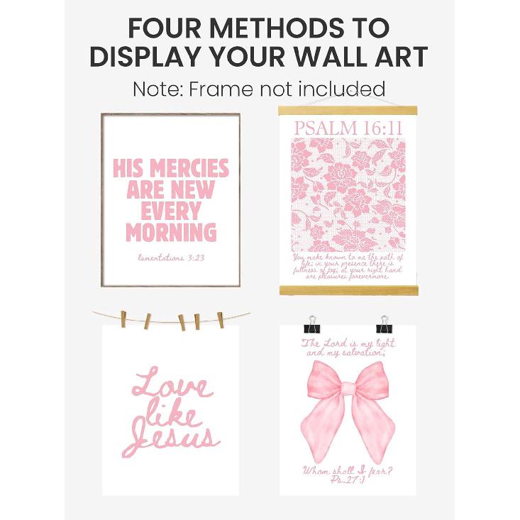 FGFK Girly Pink Christian Wall Art Prints Set of 4, Lamentations 3:23 Psalm 16:11 Psalm 27:1 Bible Verse Preppy Posters Pictures Wall Decor for Girls