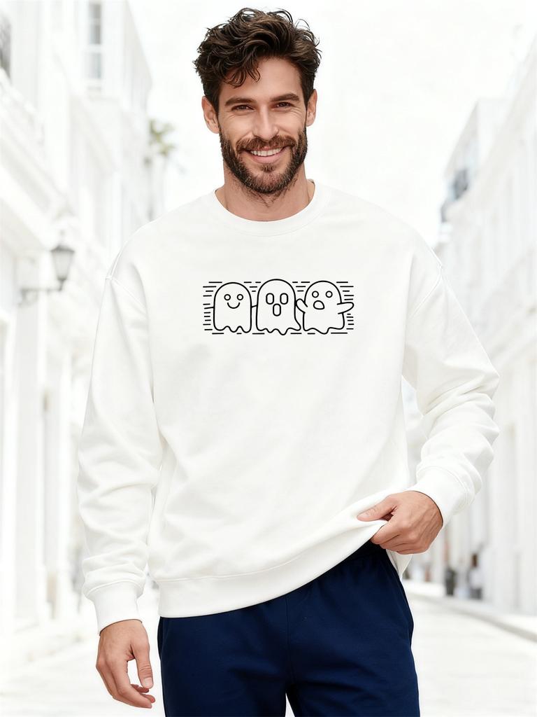 Men'S Casual Round-Neck Sweatshirt Featuring Three Ghosts with Different Expressions
