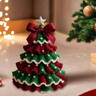 Handmade Crochet Christmas Tree DIY Xmas Tree Crochet Craft Starter Set with Bow And Faux Pearl for Knitting Holiday