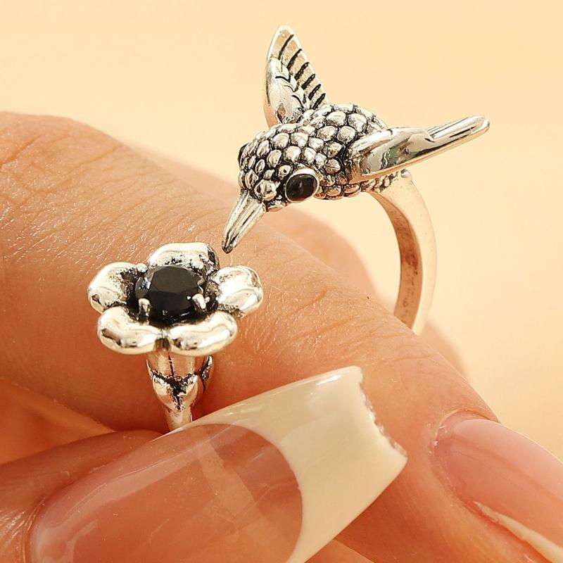 Vintage Silver Color Bird Flower Opening Ring, Women's Personalized and Creative Daily Wear, Holiday Accessories, Jewelry Gifts