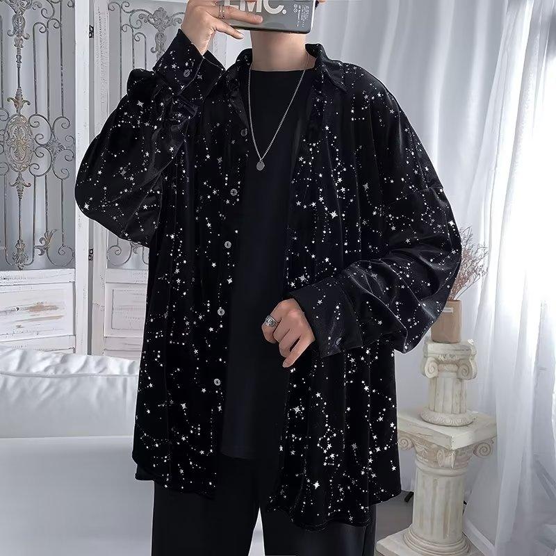 Spring and Autumn Black Starry Sky Elastic Draping Shirt Men's Casual Loose Outer Wear Shiny Shirt Youth Fashion Cardigan