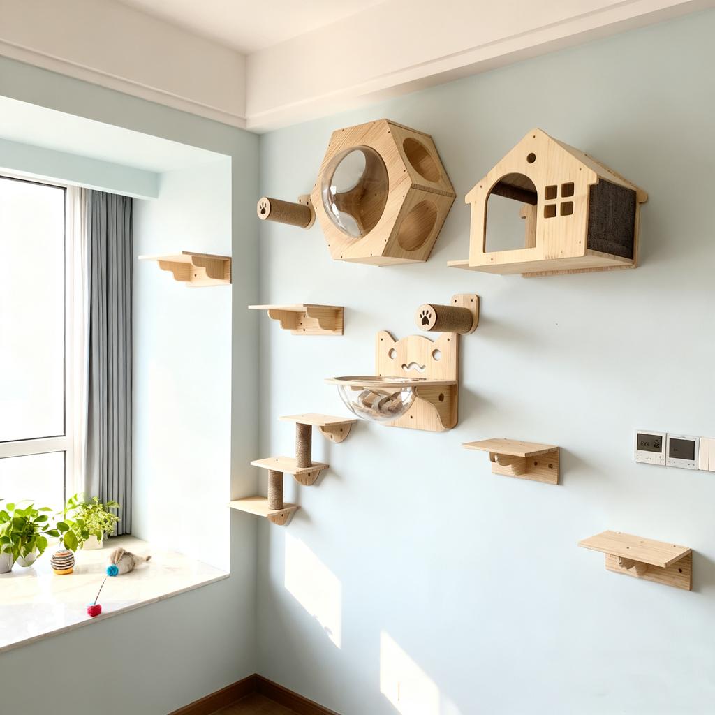 Wooden Cat Climbing Shelves Wall Mounted Cat Tree Sisal Scratching Post Pedal Hammock Indoor Kitten Playground Cats Accessories