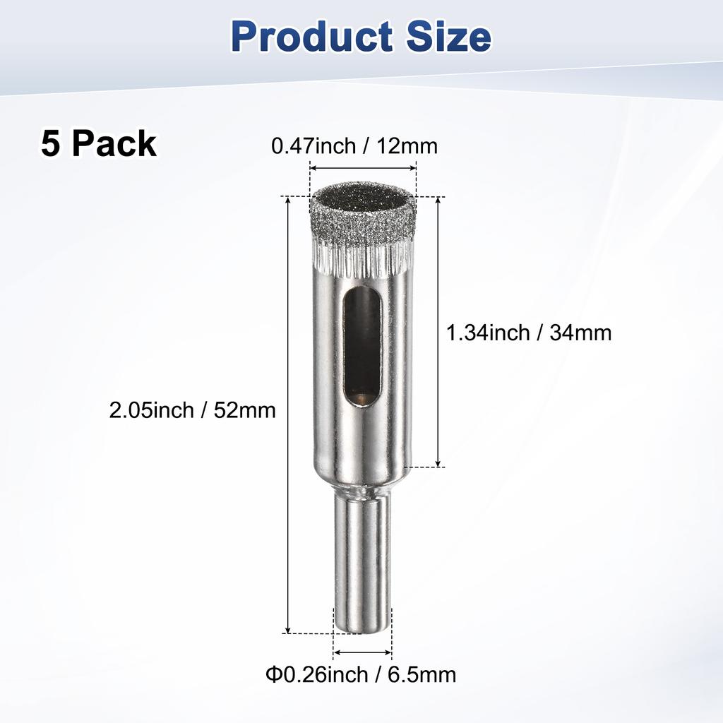 5pcs Diamond Hole Saw Drill Bit 3-18mm Glass Drill Bit for Ceramic/Marble/Granite Stone/Bottles/Tile Cutting [Silver Tone]