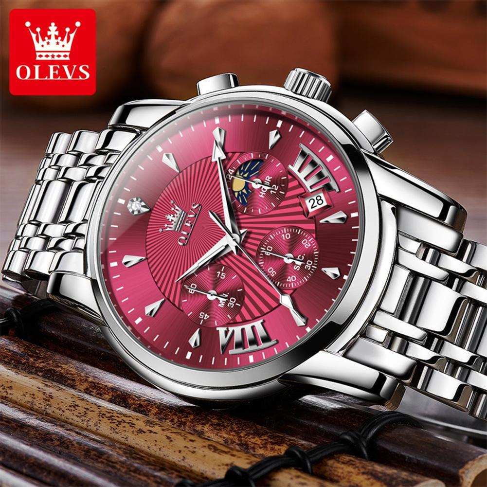 OLEVS Mens Watches Top Brand Luxury Moon Phase 24 Hour Chronograph Quartz Watch Stainless Steel Waterproof Sport Wristwatches