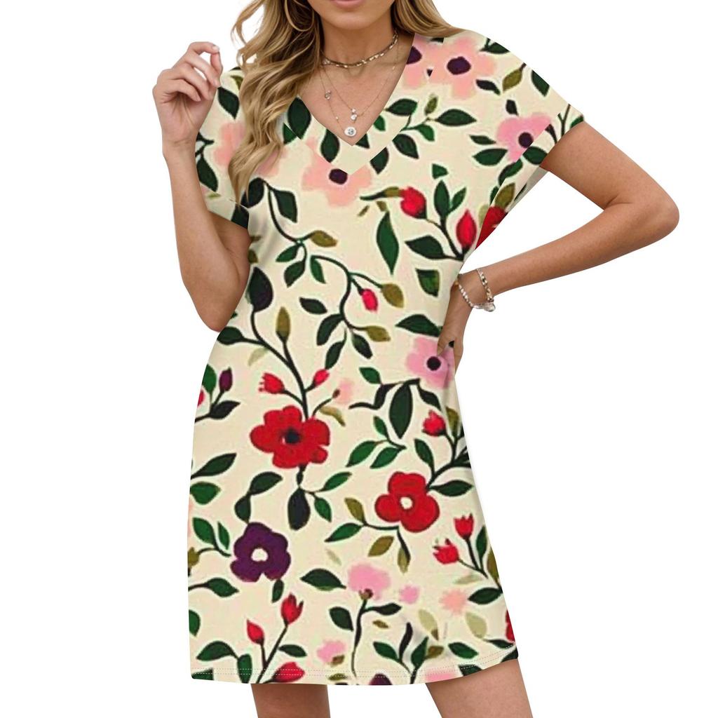 Women's Casual Fashion Sexy V-Neck Cap Sleeves Pocket Floral Dress