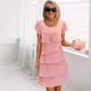 New summer short-sleeved cake skirt solid color crew neck dress for women