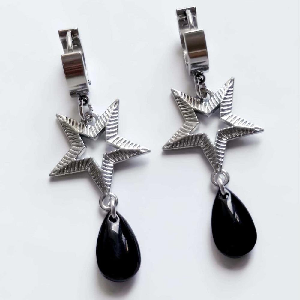 Mysterious Gothic Sliver Color Hollowed-out Five-pointed Star Red Teardrop Glass Crystal Pendant Hoop Earrings for Women Jewelry