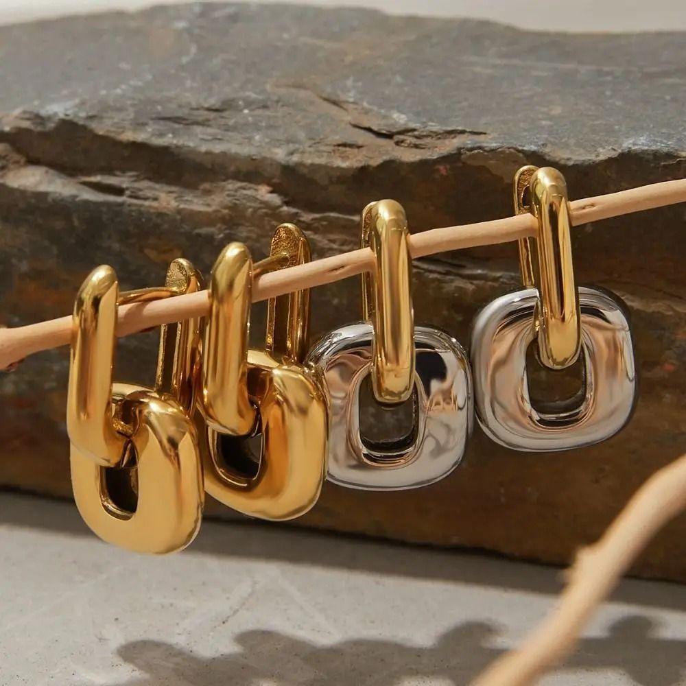 Oval Shape Gold Plating Earrings Exaggerate Style U-Shaped Earrings  Patchwork Design