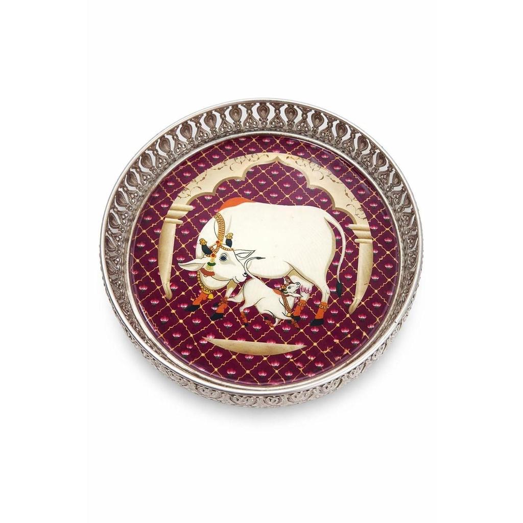 Handcrafted German Silver Pichwai Cow Design Tray 8 Inch | Round Pooja Thali | Decorative Serving Tray