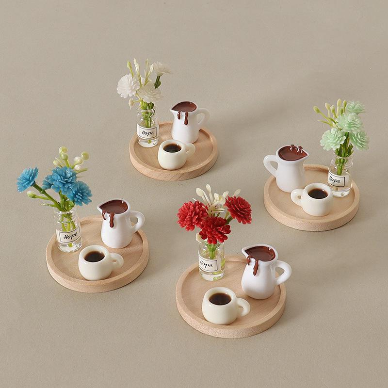 Miniature Wooden Dollhouse Tray with Coffee Cup and Vase Ornament