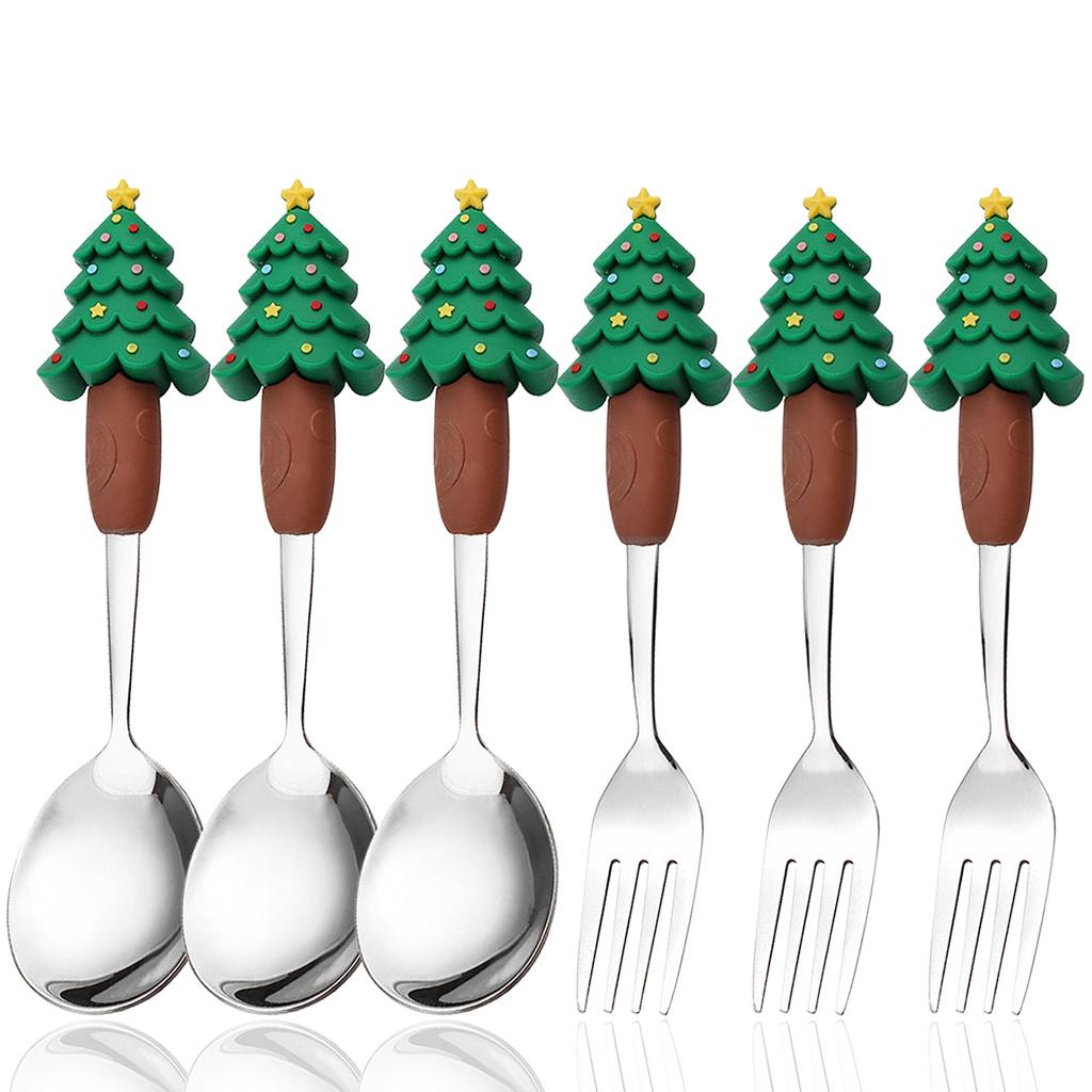 6pcs Stainless Steel Christmas Dinnerware Set Cake Fork Coffee Spoon Party Tableware Christmas Tree Moose Snowman Fork Spoon Set