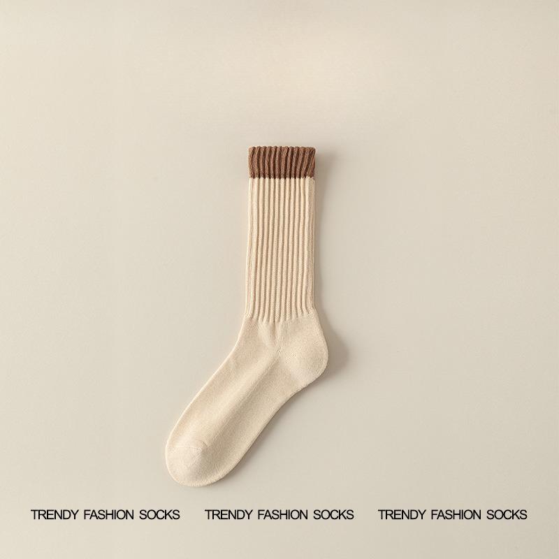 Men's Autumn and Winter Fleece and Thickened Mid-calf Socks, Color-blocked High-elastic High-calf Looped Long Socks, Trendy and Versatile Socks