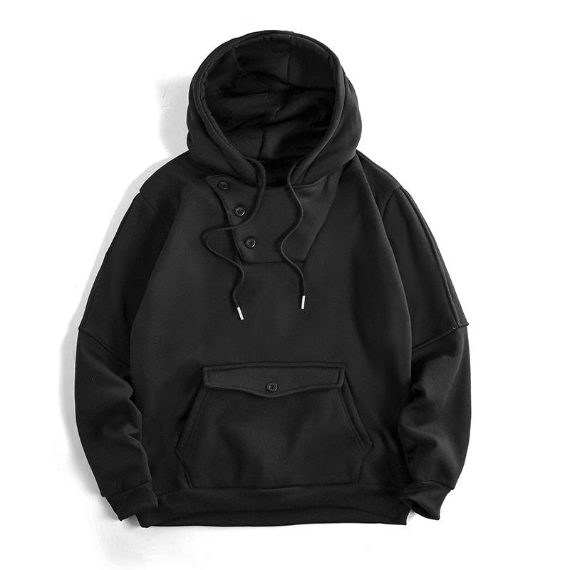 Men S Button Design Hooded Pullover Sweatshirt Solid Color Slim Fit Big Pocket
