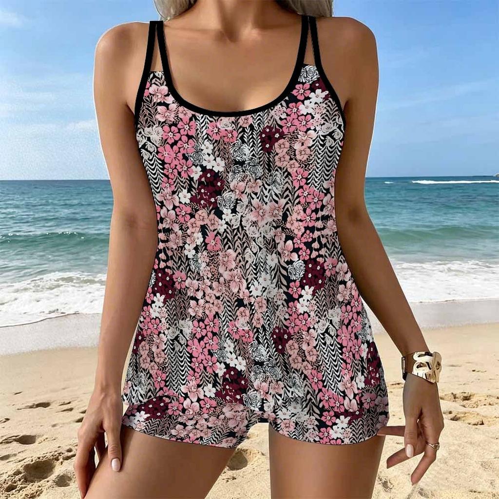 Women's Swimwear Tankini 2 Piece Swimsuit  Floral Hem Pattern Vacation Bathing Suits