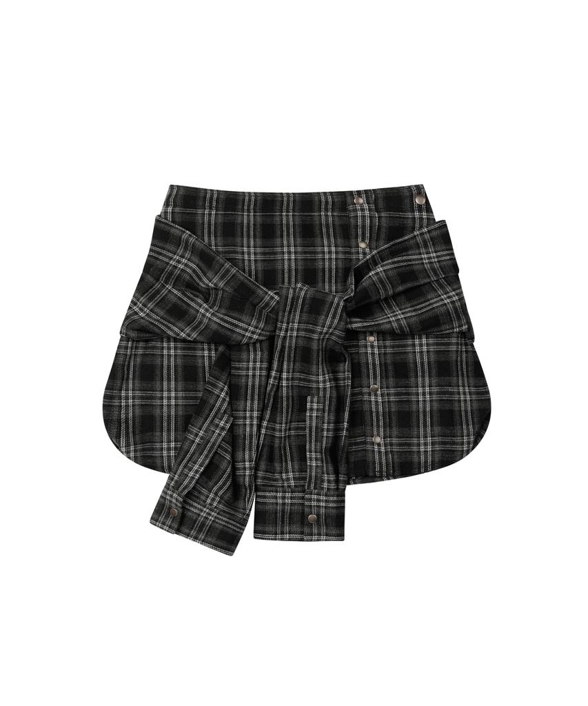 Ledeoli Tie-Up Check Skirt [Black]