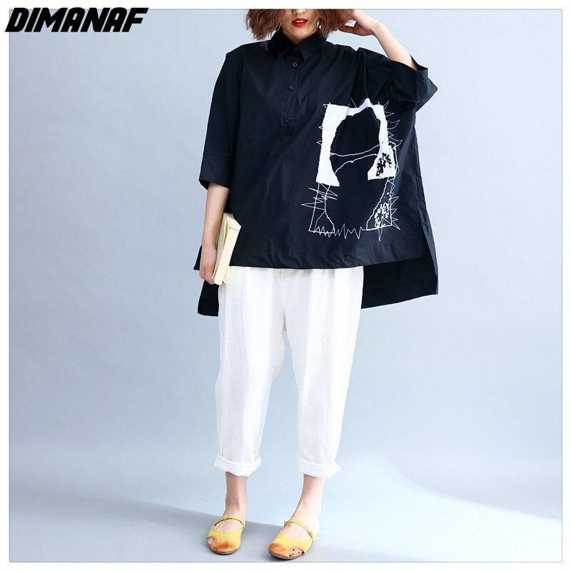 DIMANAF Dameskleding Casual Dames Shirts Blouse Zwart Oversize Print Tops Tuniek Katoenen Losse Knoop T-shirt 2024 Lente Zomer