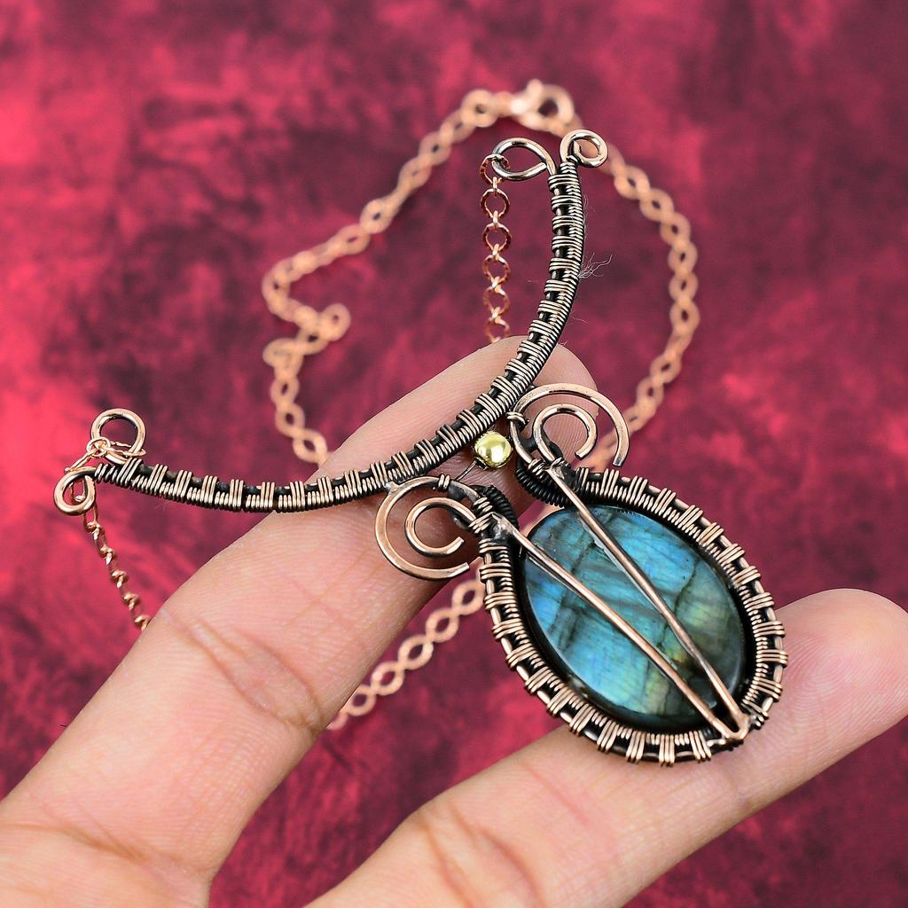 Labradorite Necklace Copper Wire Wrapped Necklace Adjustable Chain Necklace Copper Wire Jewelry Handmade Gemstone Necklace Anniversary Gifts