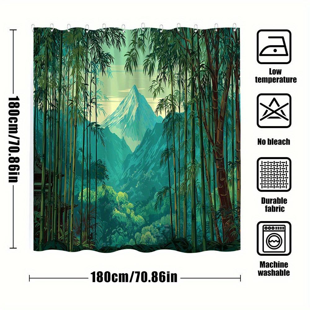 1pc Serene Bamboo Forest Shower Curtain - Japanese Style with Snow-Capped Mountain & Pastel Sky, Zen Bathroom Decor, Includes
