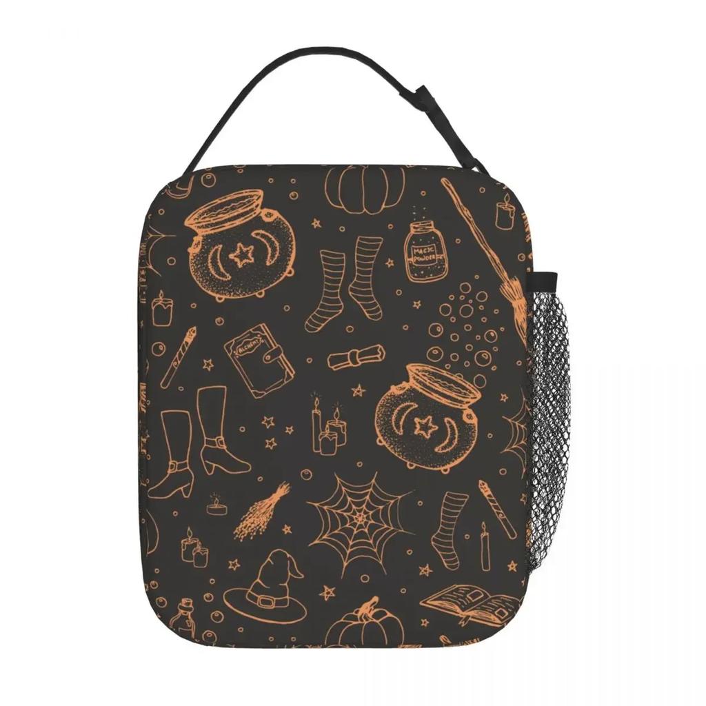 Halloween Pattern Pumpkin Witch's Broom Hat Insulated Lunch Bags Lunch Container Cooler Bag Lunch Box Tote College Bento Pouch