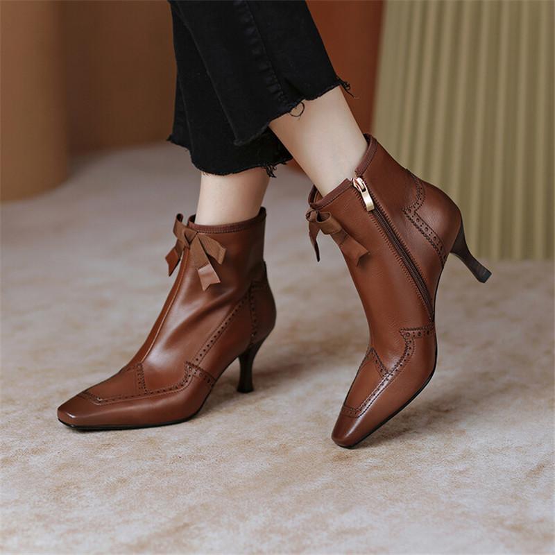 Fashion New 2025 Autumn Winter Bullock Women Shoes High Heel Genuine Leather Boots for Women Square Toe Boots Zipper Bow Ankle Boots