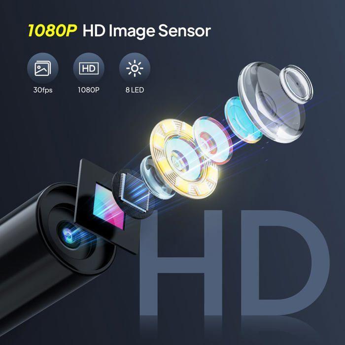 Caméra Endoscopique, 1080P HD Endoscope avec Zoom 2X, IP67 Camera Inspection Canalisation à Étanche IPS de 2,4 Pouces