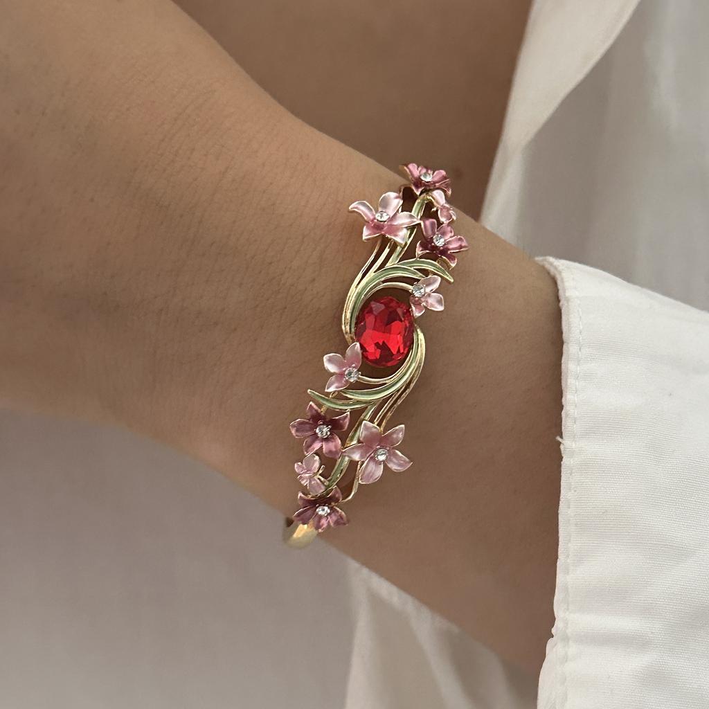 Boho Vintage Colorful Enamel Flower Bracelet For Women Gold Plated Crystal Zircon Hollow Floral Bangle Party Wedding Jewelry