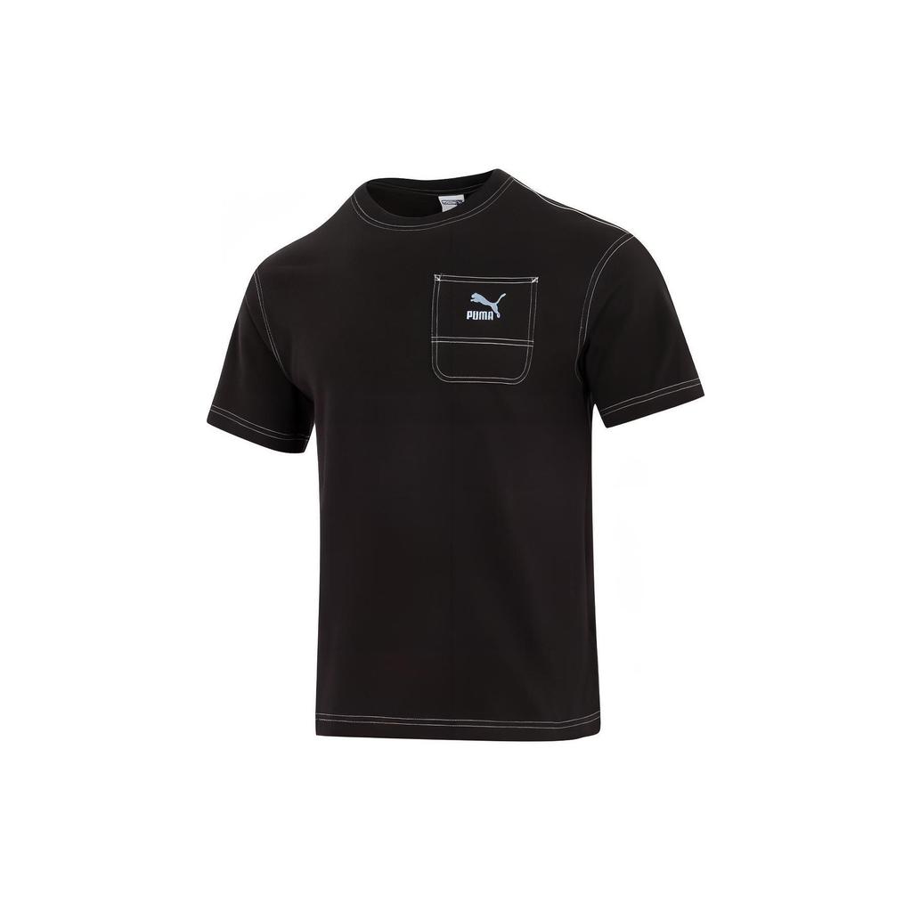 Puma Logo Pocket Design Breathable Casual Sports Round Neck Short Sleeve Drop Shoulder T-Shirt Unisex Tops Black 626858-01