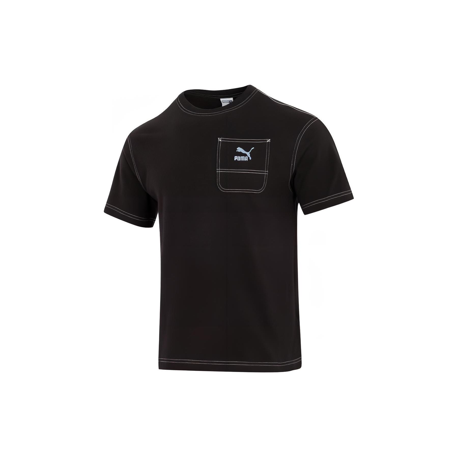 

Футболка унисекс с коротким рукавом и круглым вырезом, карманом и логотипом Puma, дышащая, повседневная, спортивная, с заниженной линией плеч, черная 626858-01 M
